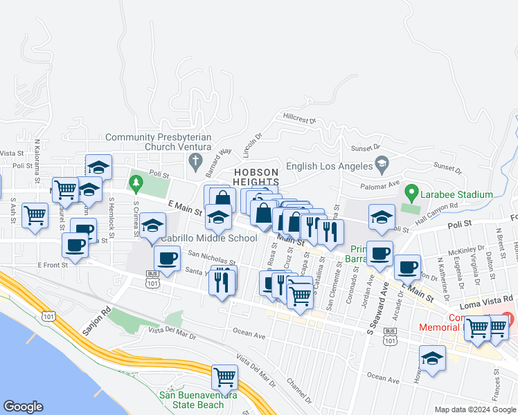map of restaurants, bars, coffee shops, grocery stores, and more near 1755 Evans Avenue in Ventura
