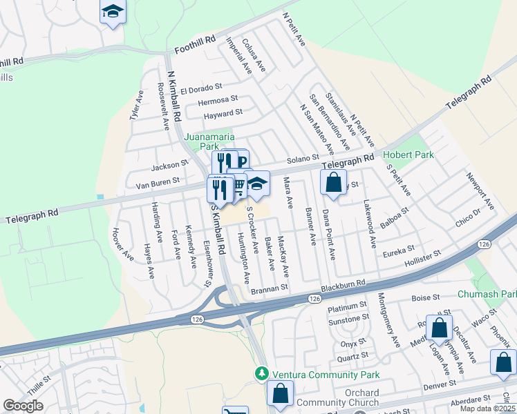 map of restaurants, bars, coffee shops, grocery stores, and more near 100 South Crocker Avenue in Ventura