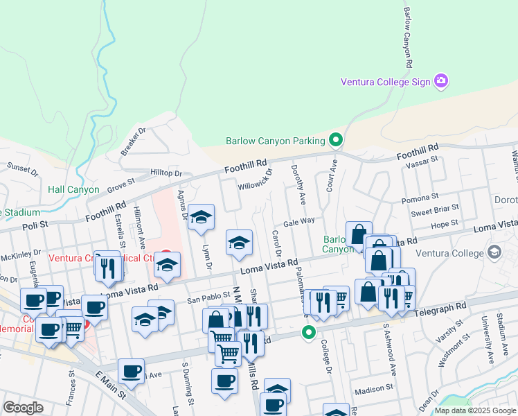 map of restaurants, bars, coffee shops, grocery stores, and more near 352 Glen Ellen Drive in Ventura