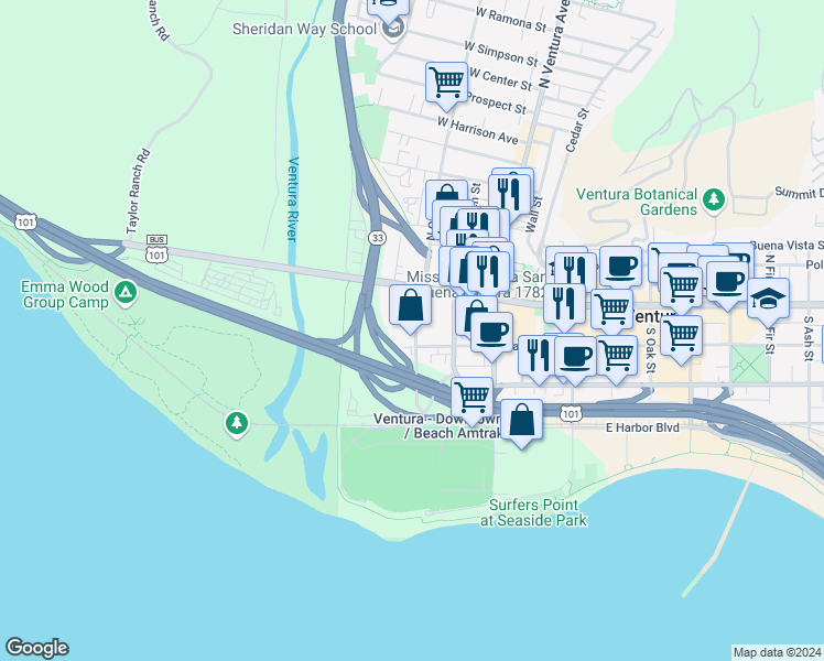 map of restaurants, bars, coffee shops, grocery stores, and more near 436 Poli Street in Ventura