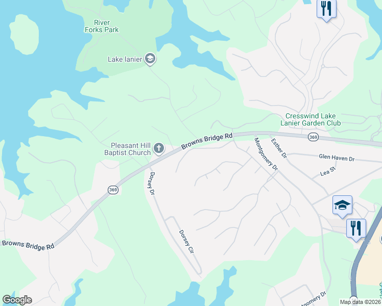 map of restaurants, bars, coffee shops, grocery stores, and more near 3683 Majestic Oak Drive Southwest in Gainesville