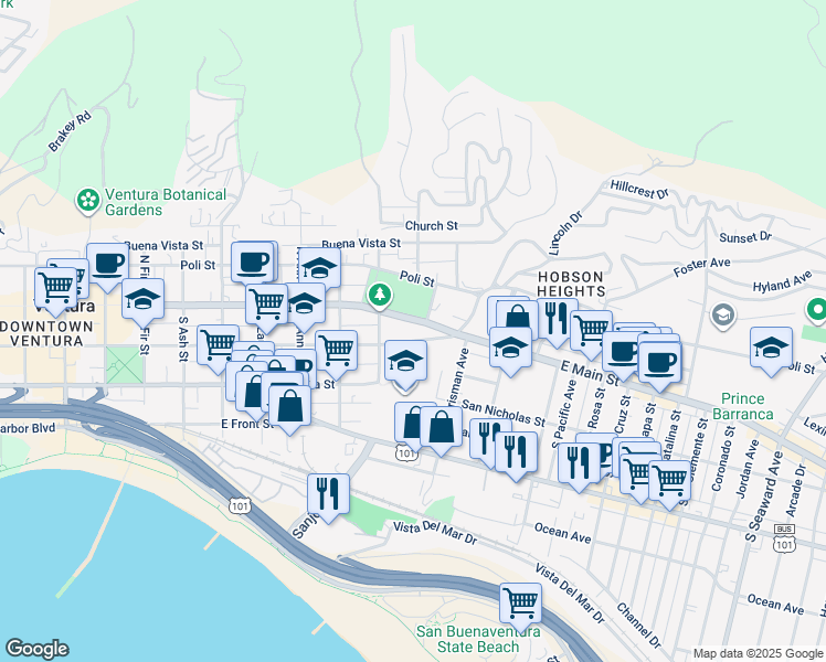 map of restaurants, bars, coffee shops, grocery stores, and more near 1381 East Santa Clara Street in Ventura