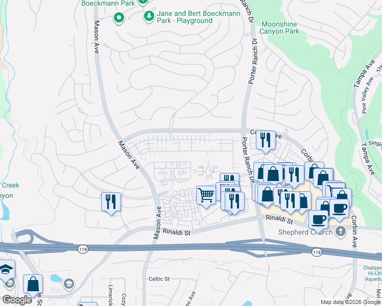 map of restaurants, bars, coffee shops, grocery stores, and more near 20140 Pienza Lane in Los Angeles