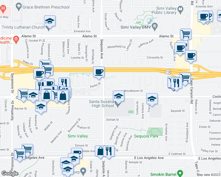 map of restaurants, bars, coffee shops, grocery stores, and more near 3497 Lockwood Court in Simi Valley