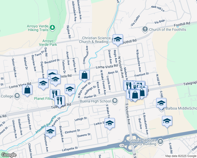 map of restaurants, bars, coffee shops, grocery stores, and more near 5617 North Bryn Mawr Street in Ventura