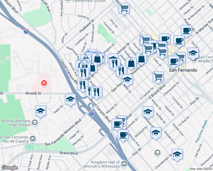 map of restaurants, bars, coffee shops, grocery stores, and more near 1230 O'Melveny Avenue in San Fernando