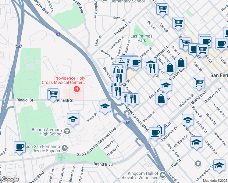 map of restaurants, bars, coffee shops, grocery stores, and more near 11580 Laurel Canyon Boulevard in San Fernando
