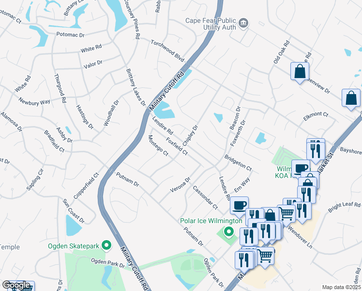 map of restaurants, bars, coffee shops, grocery stores, and more near 502 Foxfield Court in Wilmington