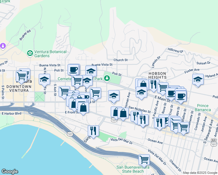 map of restaurants, bars, coffee shops, grocery stores, and more near 58 South Crimea Street in Ventura