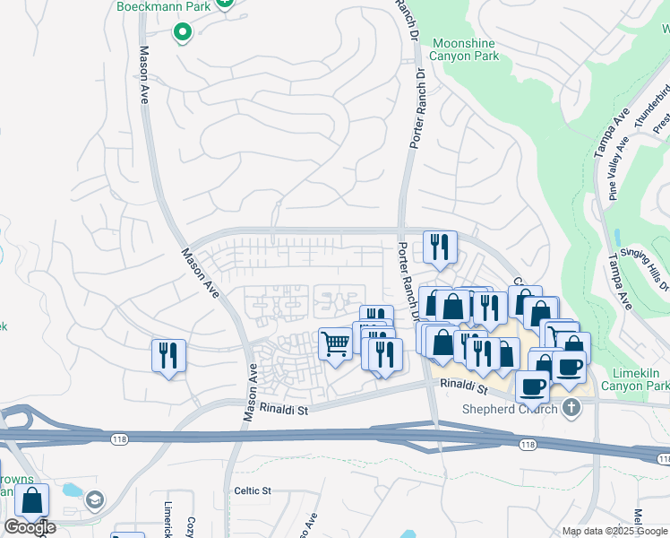 map of restaurants, bars, coffee shops, grocery stores, and more near 20084 Pienza Lane in Los Angeles