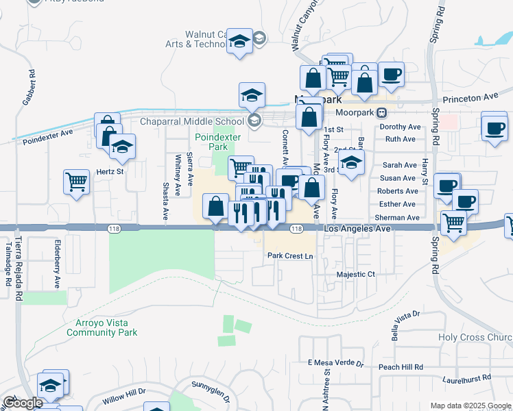 map of restaurants, bars, coffee shops, grocery stores, and more near 2 West Los Angeles Avenue in Moorpark