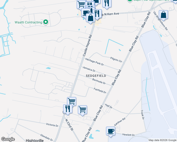 map of restaurants, bars, coffee shops, grocery stores, and more near 117 Bermuda Drive in Wilmington