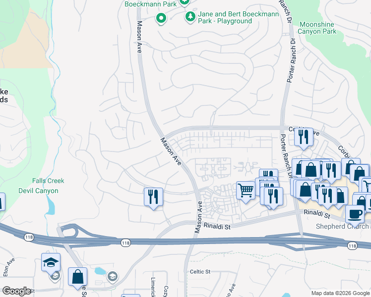 map of restaurants, bars, coffee shops, grocery stores, and more near 20306 Pienza Lane in Los Angeles