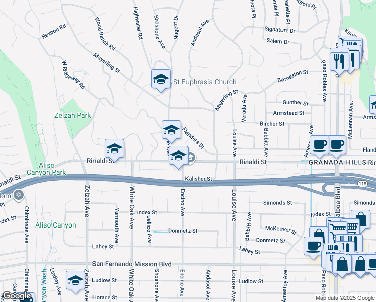 map of restaurants, bars, coffee shops, grocery stores, and more near 17531 Rinaldi Street in Los Angeles