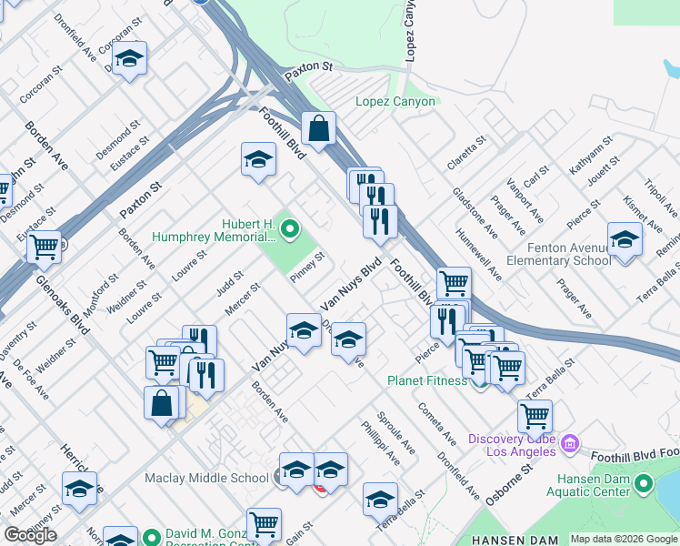 map of restaurants, bars, coffee shops, grocery stores, and more near 12409 Van Nuys Boulevard in Los Angeles