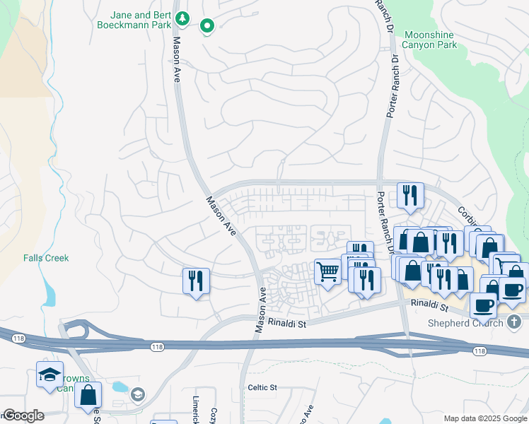 map of restaurants, bars, coffee shops, grocery stores, and more near 20230 Pienza Lane in Los Angeles