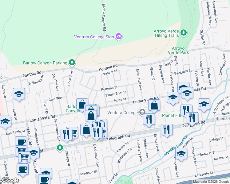 map of restaurants, bars, coffee shops, grocery stores, and more near 4429 Sweetbriar Street in Ventura