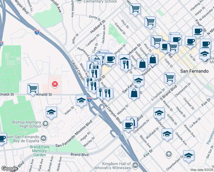 map of restaurants, bars, coffee shops, grocery stores, and more near 14642 Kalisher Street in San Fernando