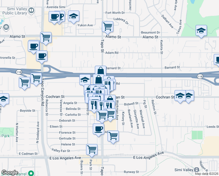 map of restaurants, bars, coffee shops, grocery stores, and more near 2450 Tapo Street in Simi Valley