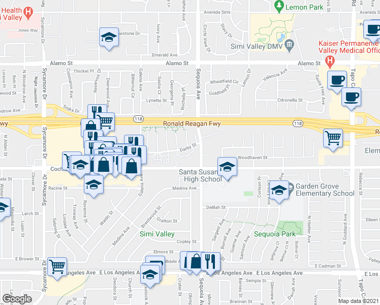 map of restaurants, bars, coffee shops, grocery stores, and more near 3325 Cochran Street in Simi Valley