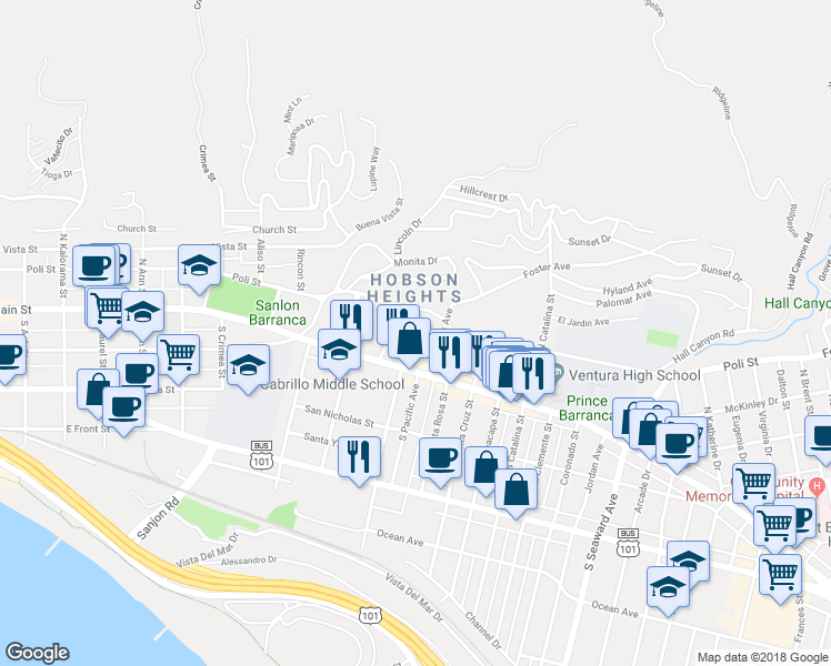 map of restaurants, bars, coffee shops, grocery stores, and more near 1729 East Main Street in Ventura