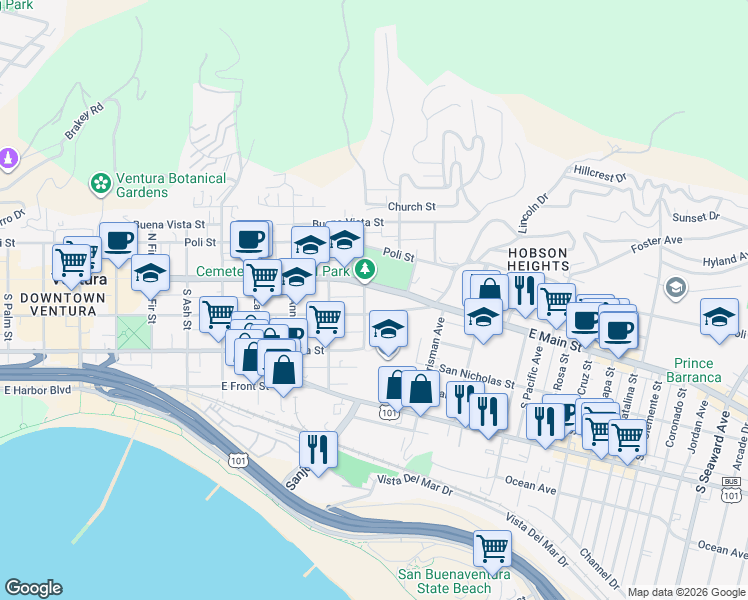 map of restaurants, bars, coffee shops, grocery stores, and more near 1310 East Santa Clara Street in Ventura