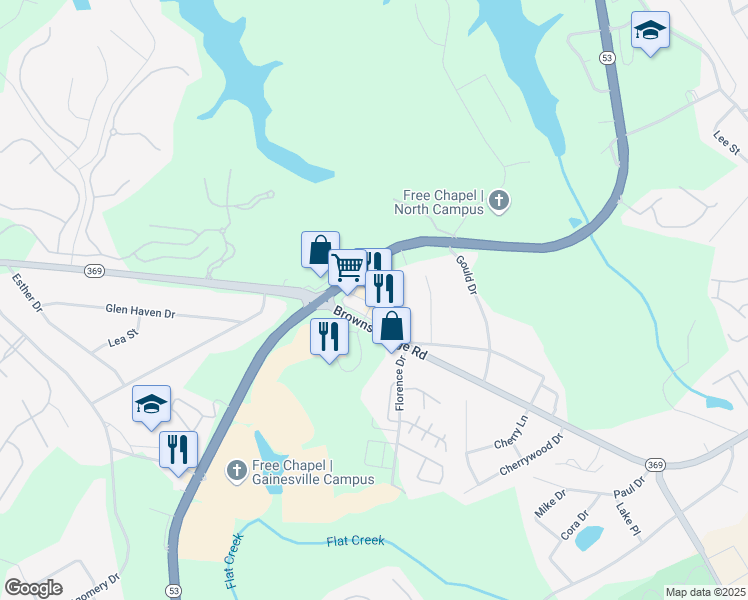 map of restaurants, bars, coffee shops, grocery stores, and more near 2888 Browns Bridge Road in Gainesville