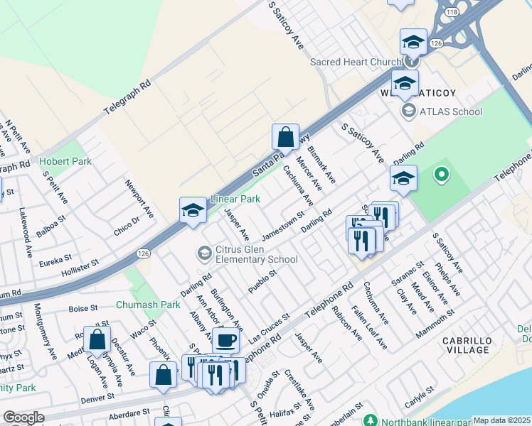 map of restaurants, bars, coffee shops, grocery stores, and more near 700 Topeka Avenue in Ventura