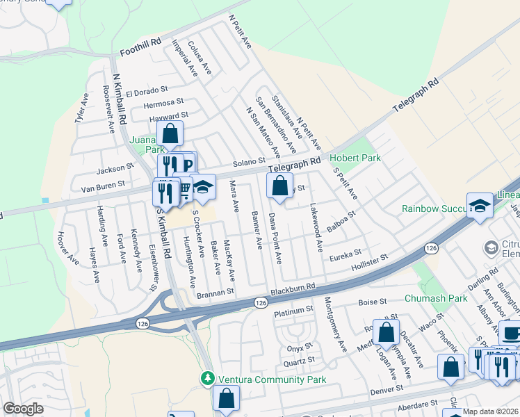map of restaurants, bars, coffee shops, grocery stores, and more near Banner Avenue in Ventura