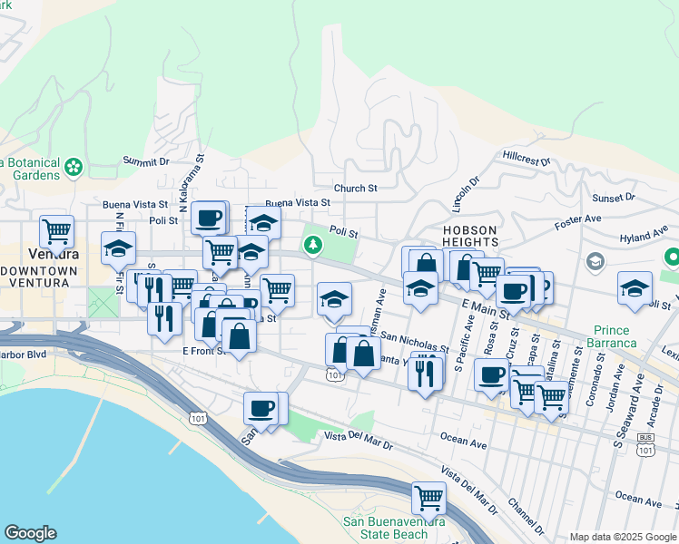 map of restaurants, bars, coffee shops, grocery stores, and more near 1381 East Santa Clara Street in Ventura