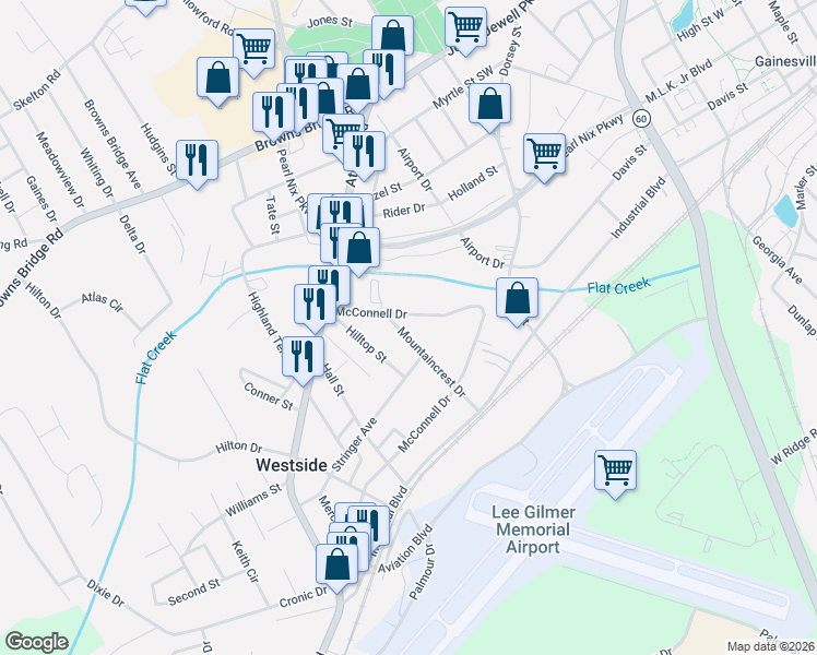 map of restaurants, bars, coffee shops, grocery stores, and more near 526 Mountaincrest Drive in Gainesville
