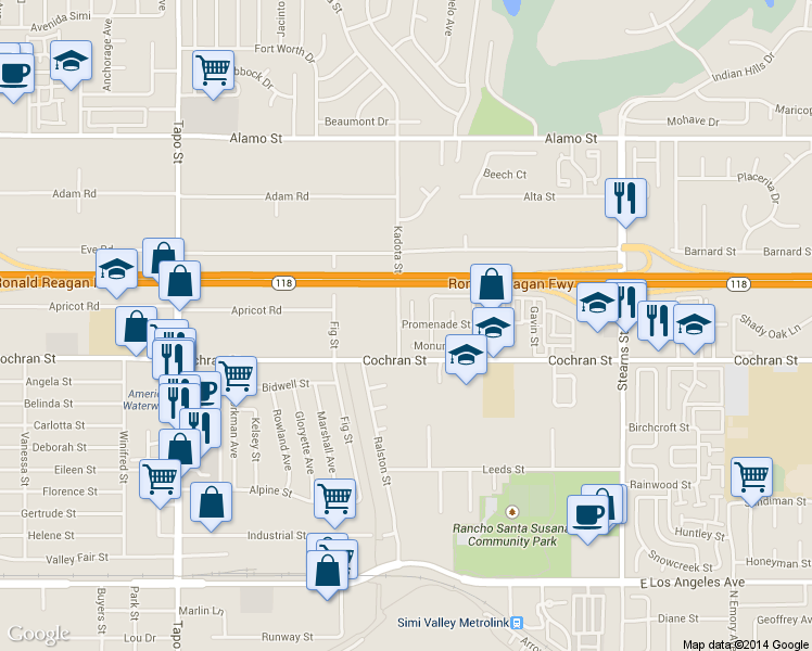 map of restaurants, bars, coffee shops, grocery stores, and more near 4804 Promenade Street in Simi Valley