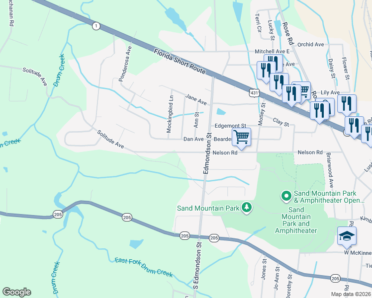 map of restaurants, bars, coffee shops, grocery stores, and more near 1106 Nelson Road in Albertville