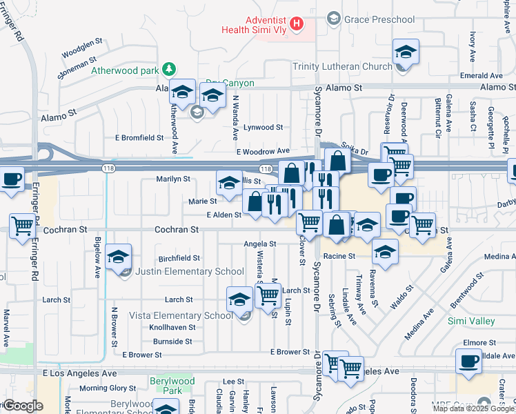 map of restaurants, bars, coffee shops, grocery stores, and more near 2536 East Alden Street in Simi Valley