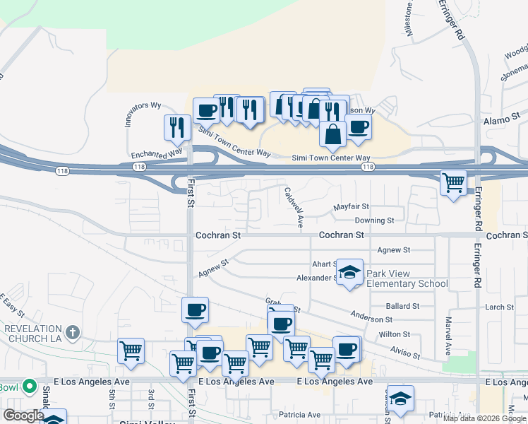 map of restaurants, bars, coffee shops, grocery stores, and more near 2429 Ridge View Court in Simi Valley