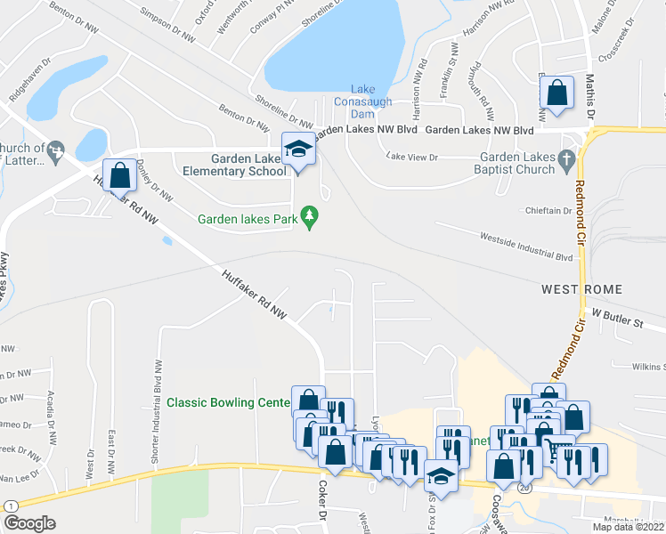 map of restaurants, bars, coffee shops, grocery stores, and more near 158 Melody Lane Northwest in Rome