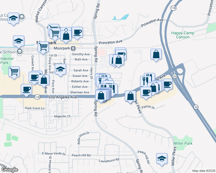 map of restaurants, bars, coffee shops, grocery stores, and more near 549 New Los Angeles Avenue in Moorpark