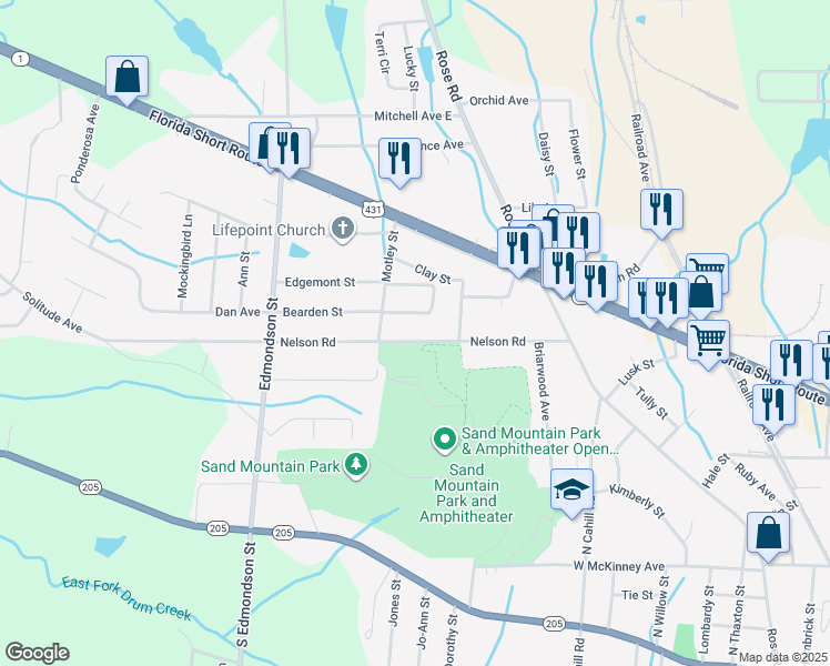 map of restaurants, bars, coffee shops, grocery stores, and more near 907 Nelson Road in Albertville