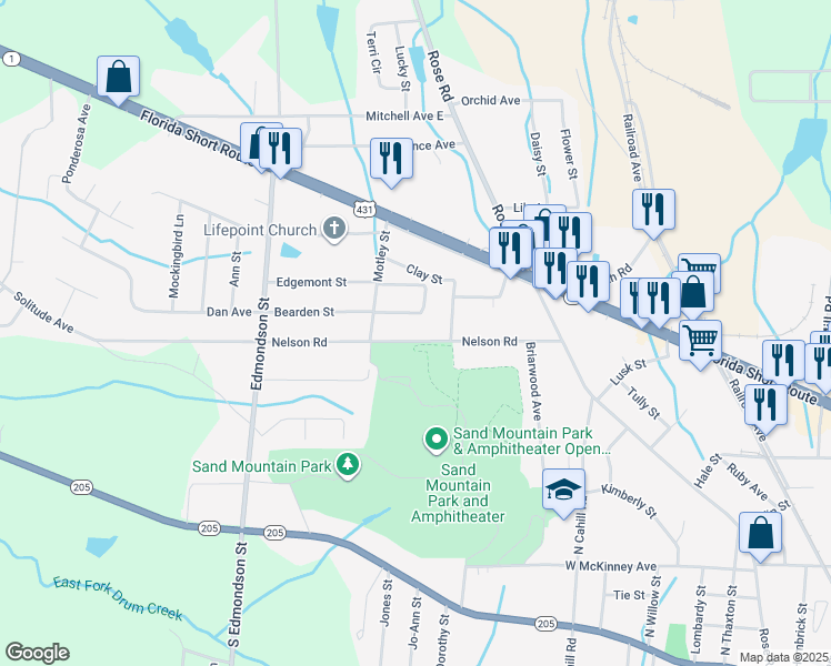 map of restaurants, bars, coffee shops, grocery stores, and more near 907 Nelson Road in Albertville