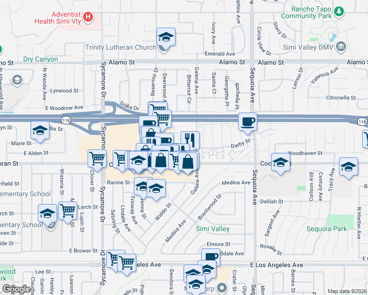map of restaurants, bars, coffee shops, grocery stores, and more near 3028 Harrison Lane in Simi Valley