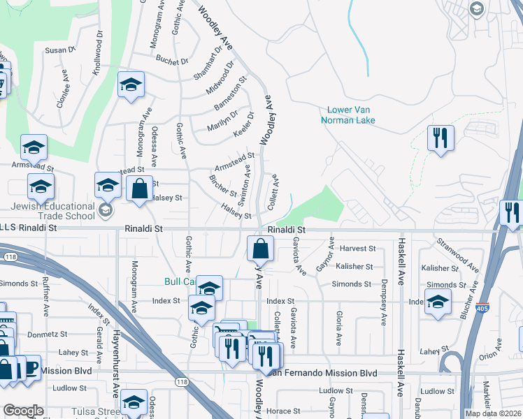 map of restaurants, bars, coffee shops, grocery stores, and more near 11513 Woodley Avenue in Los Angeles