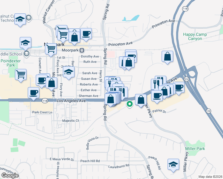 map of restaurants, bars, coffee shops, grocery stores, and more near 549 New Los Angeles Avenue in Moorpark
