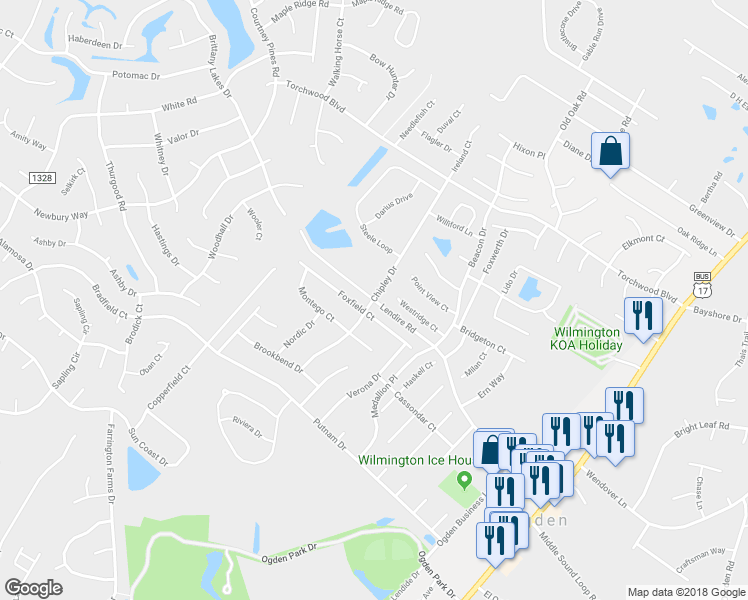 map of restaurants, bars, coffee shops, grocery stores, and more near 7436 Chipley Drive in Wilmington