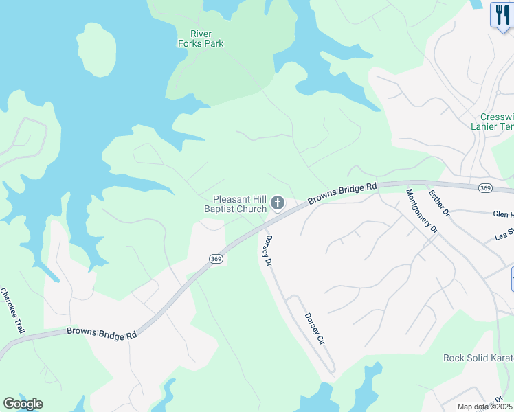 map of restaurants, bars, coffee shops, grocery stores, and more near 3656 Browns Bridge Road in Gainesville