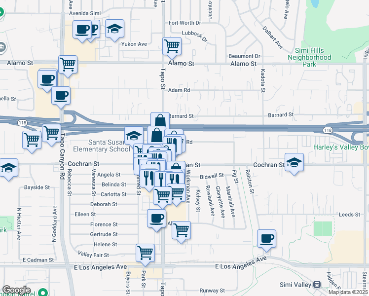 map of restaurants, bars, coffee shops, grocery stores, and more near 4483 Cochran Street in Simi Valley