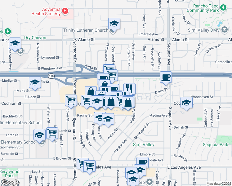 map of restaurants, bars, coffee shops, grocery stores, and more near 2991 Cochran St in Simi Valley
