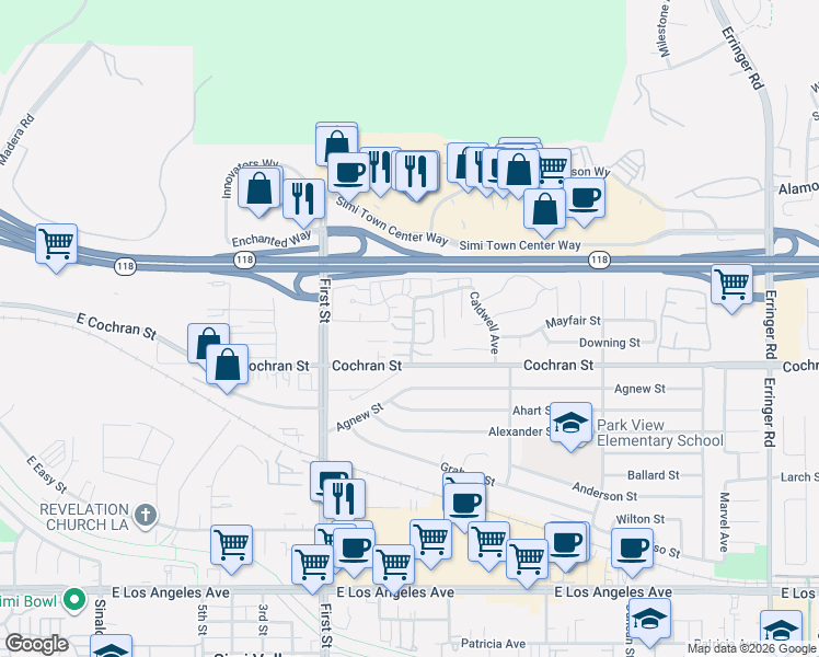 map of restaurants, bars, coffee shops, grocery stores, and more near 2409 Chandler Avenue in Simi Valley