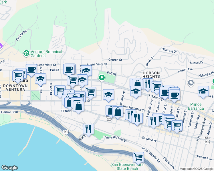 map of restaurants, bars, coffee shops, grocery stores, and more near 1310 East Santa Clara Street in Ventura