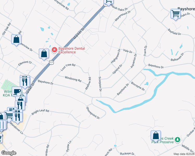 map of restaurants, bars, coffee shops, grocery stores, and more near 705-709 Scorpion Drive in Wilmington