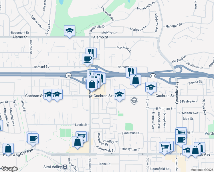 map of restaurants, bars, coffee shops, grocery stores, and more near 5305 Cochran Street in Simi Valley